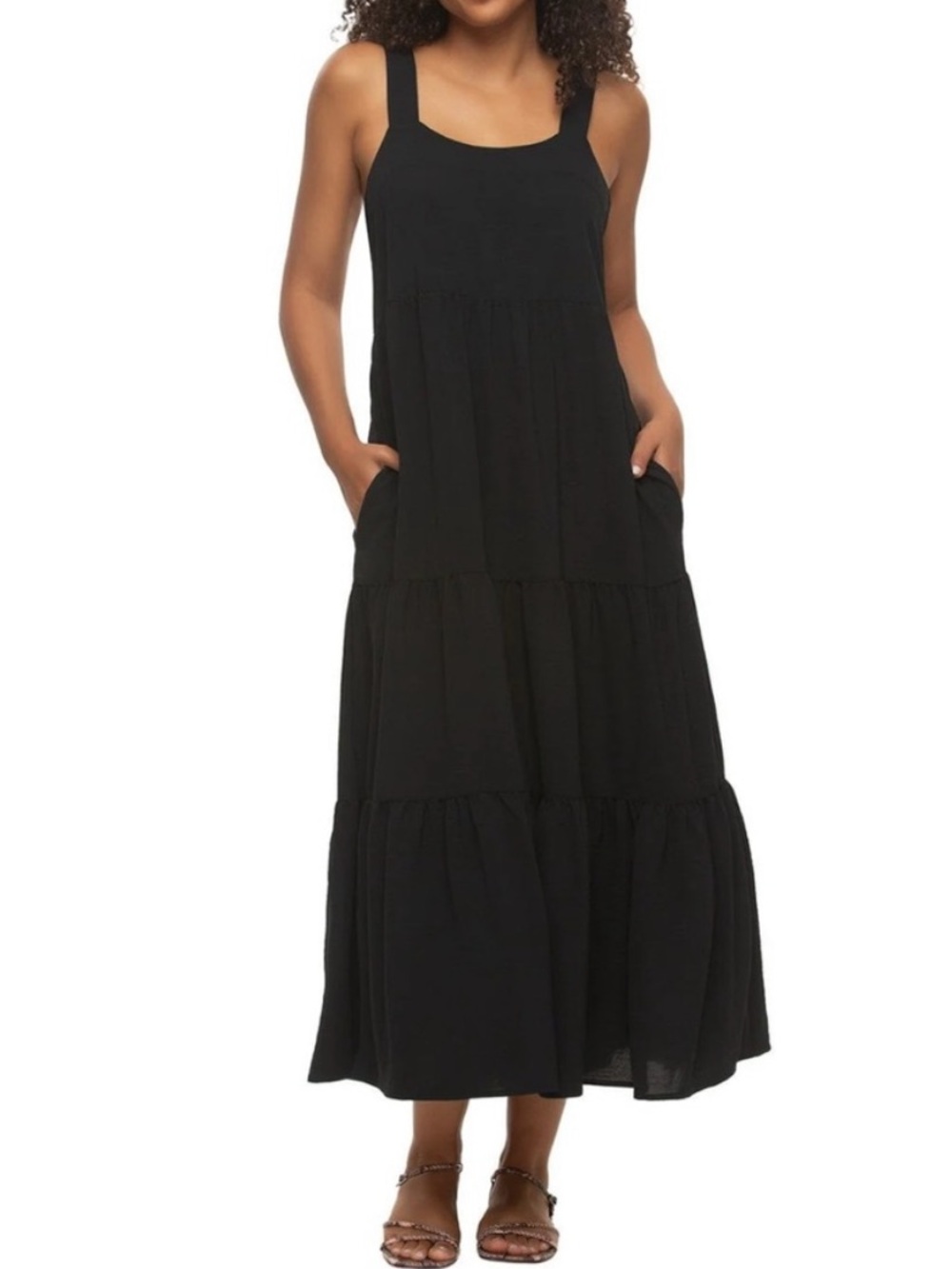 Felina Cruise Tiered Maxi Sundress Side Pockets, Black, Size Large NWT